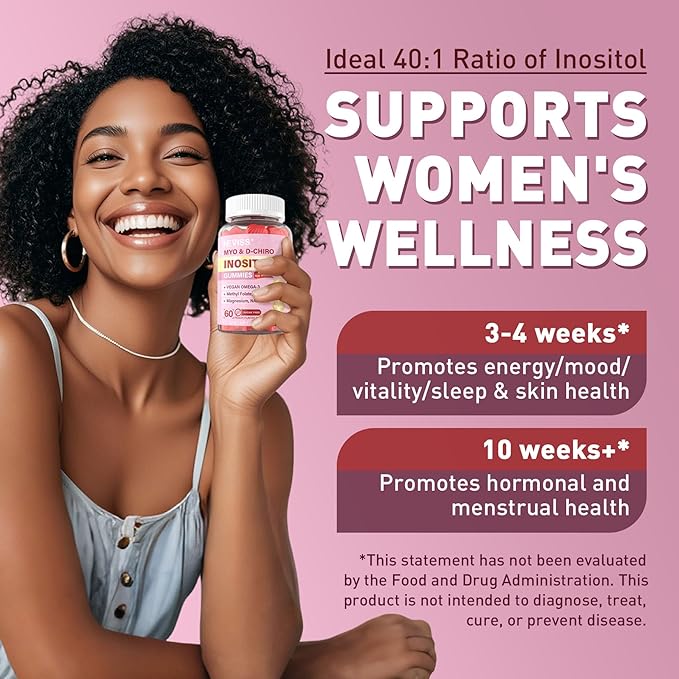 Myo-Inositol & D-Chiro Inositol Gummies Sugar Free, Ideal 40:1 Ratio Inositol Supplement for Women with Vegan Omega-3 & Vitamin D3, Magnesium, Methyl Folate + B12 for Female Health & Wellness, 60Cts