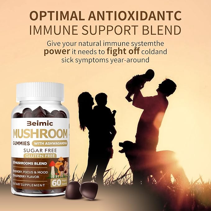 Mushroom Gummies - 10x Mushroom Supplement with Ashwagandha and Lions Mane (120 Chews) Nootropic Brain Supplement, Immune Support & Stress Relief (Pack of 2)
