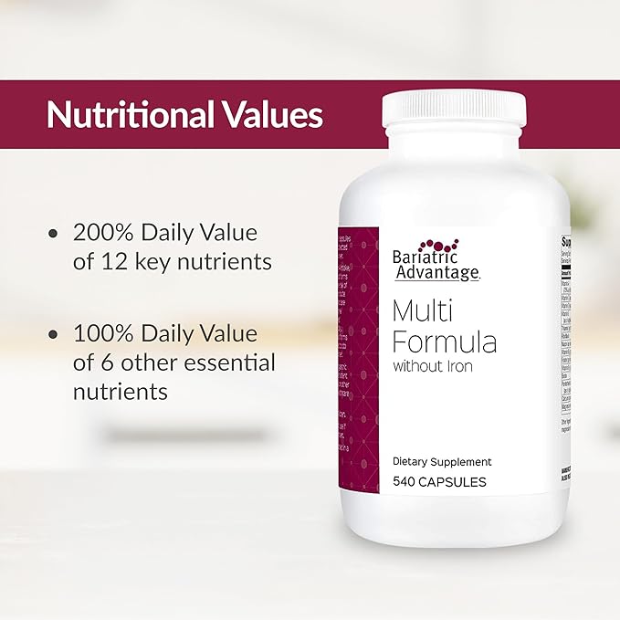 Bariatric Advantage Multi Formula Without Iron, High Potency Daily Multivitamin for Bariatric Surgery Patients with 22 Essential Vitamins and Nutrients - 540 Capsules