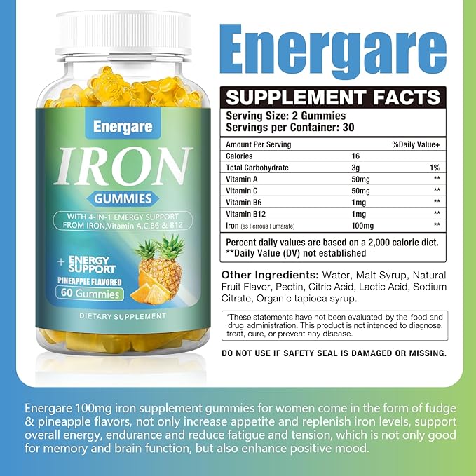 1 Pack Vegan 100Mg Iron Supplement Gummies for Women & Men - Vitamin A, C, B - Energy Support for Iron Deficiency, Anemia, Adults ＆Children, Pineapple Flavor Gummy, 60 Counts