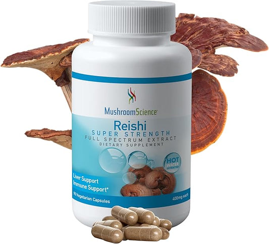 Reishi Mushroom Capsules, Super Strength Full Spectrum Extract, Natural Mushroom Supplement for Adults, Hot Water Extracted Mushrooms, Health Support, Vegetarian, 400MG, 90 CT