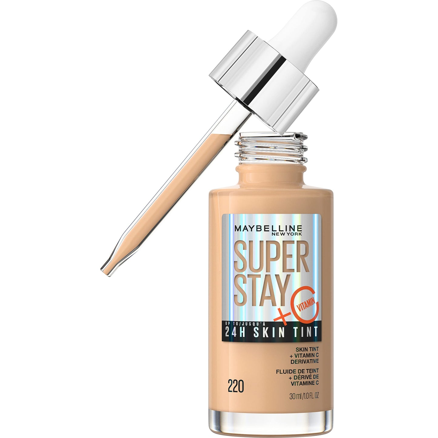 Maybelline Super Stay Up To 24Hr Skin Tint, Radiant Light-To-Medium Coverage Foundation, Makeup Infused With Vitamin C, 220, 1 C