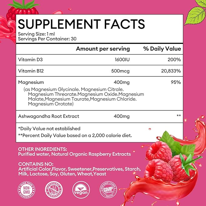 (3 Pack) Magnesium Liquid - 8 in 1 Magnesium Complex Drops with Magnesium Glycinate,Citrate,Malate,Taurate,Magnesium Complex Supplement for Brain,Night,Muscle,Bone,Cramps, Raspberry Flavor