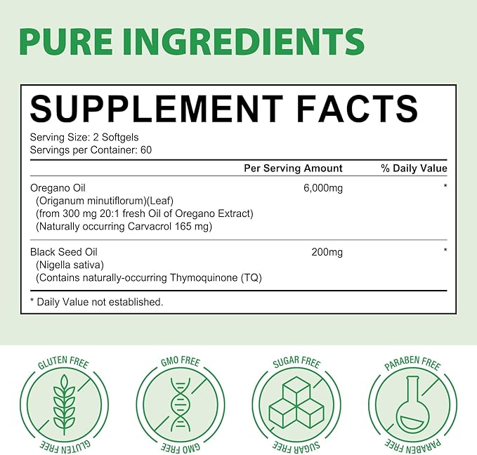 Oil of Oregano Softgels 6000mg, 2 in 1 Formulated with Black Seed Oil 200mg, Immune Support, Organic Oregano Oil Capsules, Natural Defense Supplement, Non-GMO, Easy to Swallow, 240 Softgels