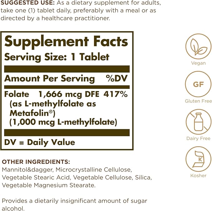 SOLGAR Folate 1000 mcg - 120 Tablets - 1000 mcg Bio-Active Metafolin - Vegan, Gluten Free, Dairy Free, Kosher - 120 Servings