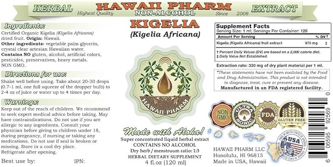 Kigelia Alcohol-Free Liquid Extract, Kigelia (Kigelia Africana) Dried Fruit Glycerite Hawaii Pharm Natural Herbal Supplement 32 oz Unfiltered