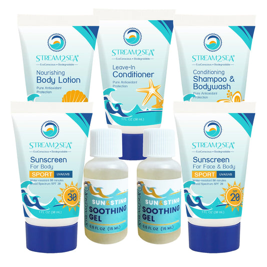 Stream 2 Sea 6 Pack Natural Travel Sized Toiletries, 1Oz Paraben Free Sample Size Shampoo, Conditioner, Lotion, Mineral Sunscree