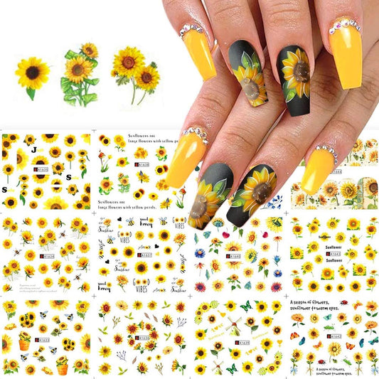 Sunflower Nail Stickers Floral Flower Nail Art Water Decals Transfer Foils For Nails Supply Watermark Small Daisy Flowers Design