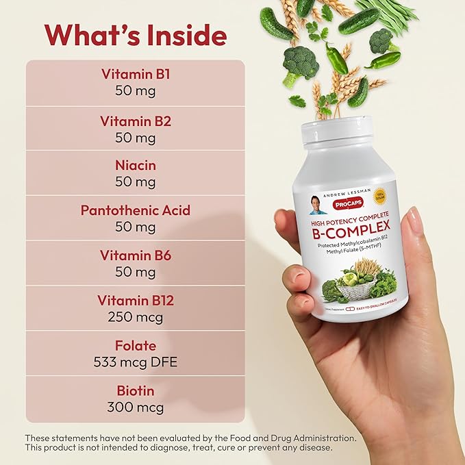 ANDREW LESSMAN High Potency B-Complex 180 Capsules - with High Levels of Folate Complex and Biotin, Promotes Cellular Growth, Energy, Immune Function, Detoxification, Fat Metabolism and More
