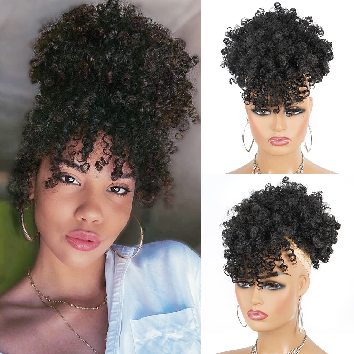 Cetiq Afro Puff Drawstring Ponytail With Bangs Pineapple Updo Hair For Black Women, Short Kinky Curly Ponytail Bun (1B)