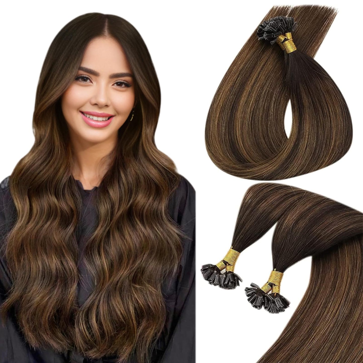 Sunny Hair Brown U Tip Hair Extensions Human Hair 22Inch Utip Hair Extensions Dark Brown With Medium Brown Balayage U Tip Hair E