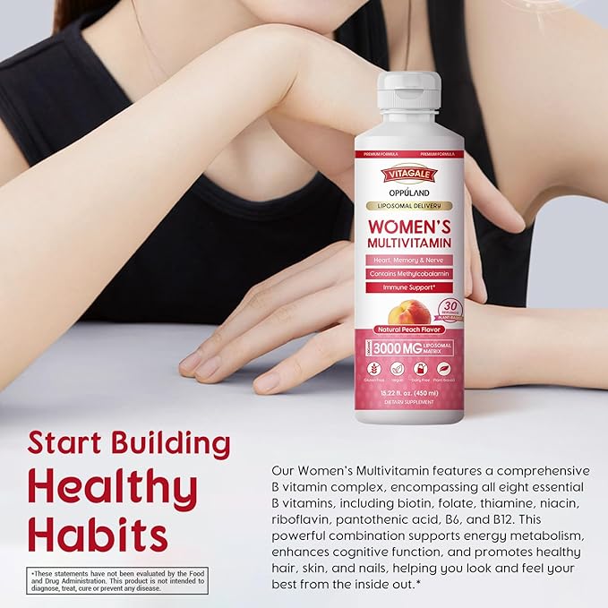 Women's Liquid Multivitamin - Plant-Based Daily Multivitamins - 3000mg Liposomal Matrix - with Biotin, Magnesium, Omega-3 & 9, B Complex, Vitamin A D3 C - 30 Servings - 450 mL