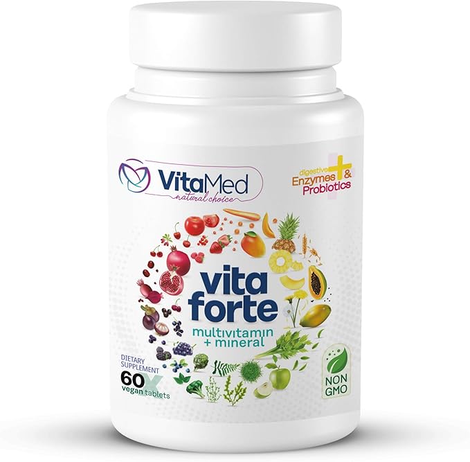 Vita Forte Vegan Multivitamin – Complete Daily Supplement with Essential Vitamins, Minerals, Probiotics, Digestive Enzymes, and Superfoods for Immune Support & Optimal Wellness – 60 Tablets