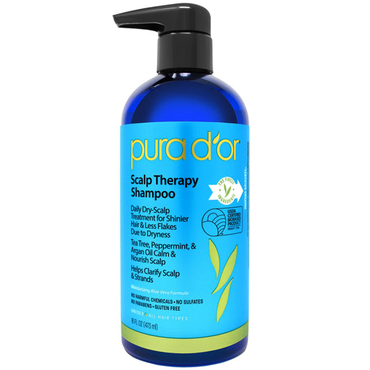 PURA D'OR Therapy Shampoo (16oz) Hydrates & Nourishes - Scalp Care Shampoo For Itchy Flaky Scalp w/ Tea Tree, Peppermint, Patcho