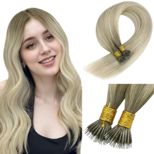 Sunny Hair Nano Hair Extensions Pre Bonded Micro Nano Hair Extensions Human Hair Balayage Cool Ash Grey Mix Platinum Blonde Ombr