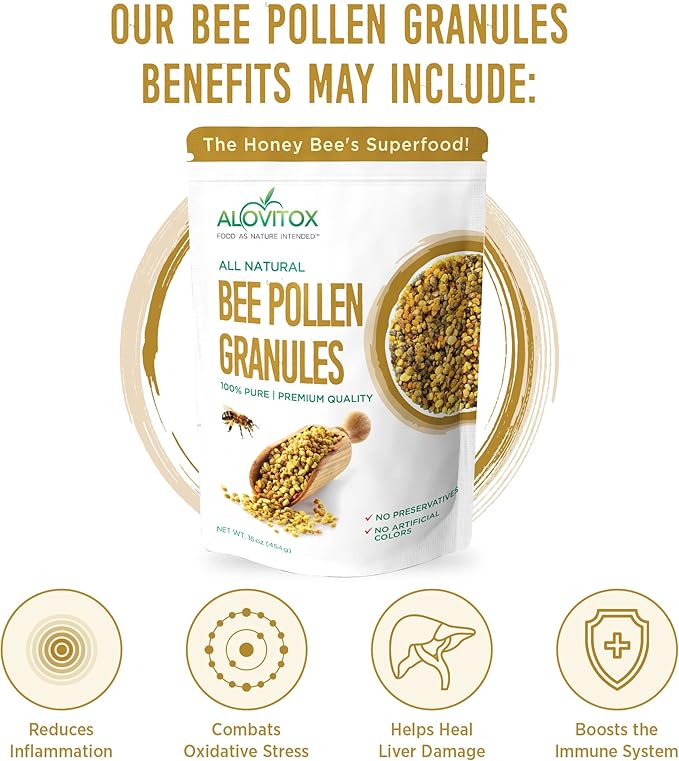 Alovitox Bee Pollen Granules 16 Oz | 100% Pure, Fresh Raw Bee Pollen | Superfood Packed Bee Pollen with Antioxidant, Protein, Vitamins & More | Nutritional Yeast & Gluten Free