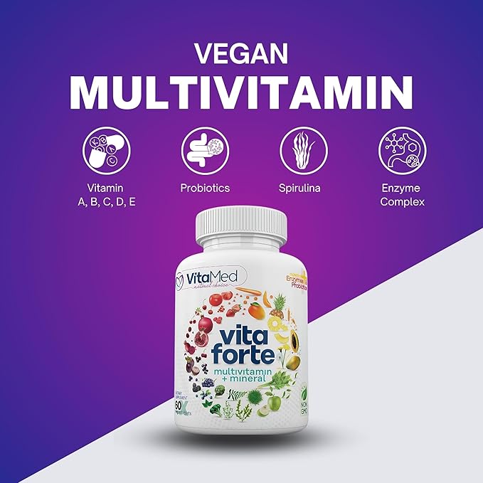 Vita Forte Vegan Multivitamin – Complete Daily Supplement with Essential Vitamins, Minerals, Probiotics, Digestive Enzymes, and Superfoods for Immune Support & Optimal Wellness – 60 Tablets