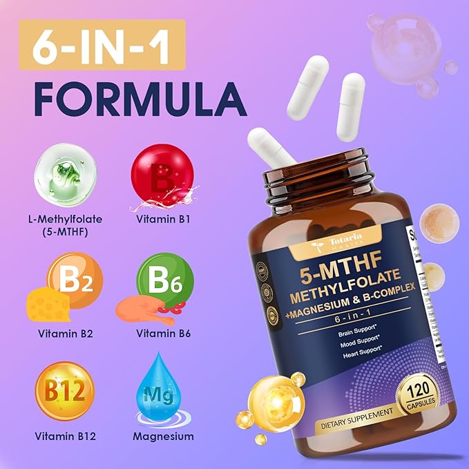 L Methylfolate 15mg 5-MTHF with B-Complex & Dual Magnesium | Active 5-MTHF Form + Methyl B12 | Supports Methylation, Cellular Function & Energy Metabolism | Non-GMO, Gluten Free (120 Capsules)