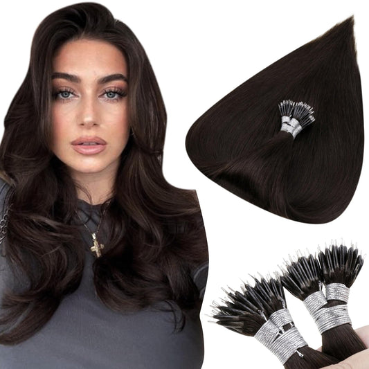 Hetto Nano Ring Hair Extensions Pre Bonded Nano Bead Hair Extensions Human Hair #2 Dark Chocolate Brown Human Hair Nano Extensio