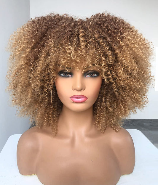 Annivia Ombre Blonde Afro Short Kinky Curly Wig With Bangs For Black Women Curly Wig