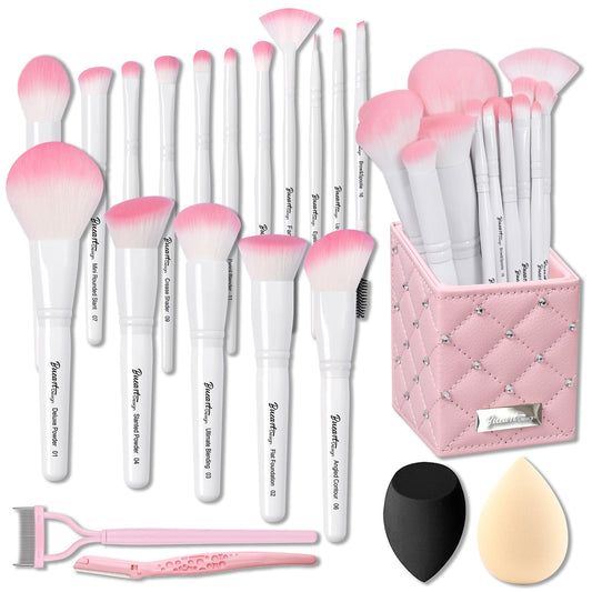 Bueart Design 16Pcs Ultra Soft Labeled Makeup Brushes Set With Brush Holder Face Brush For Foundation Powder Blending Blush Wood