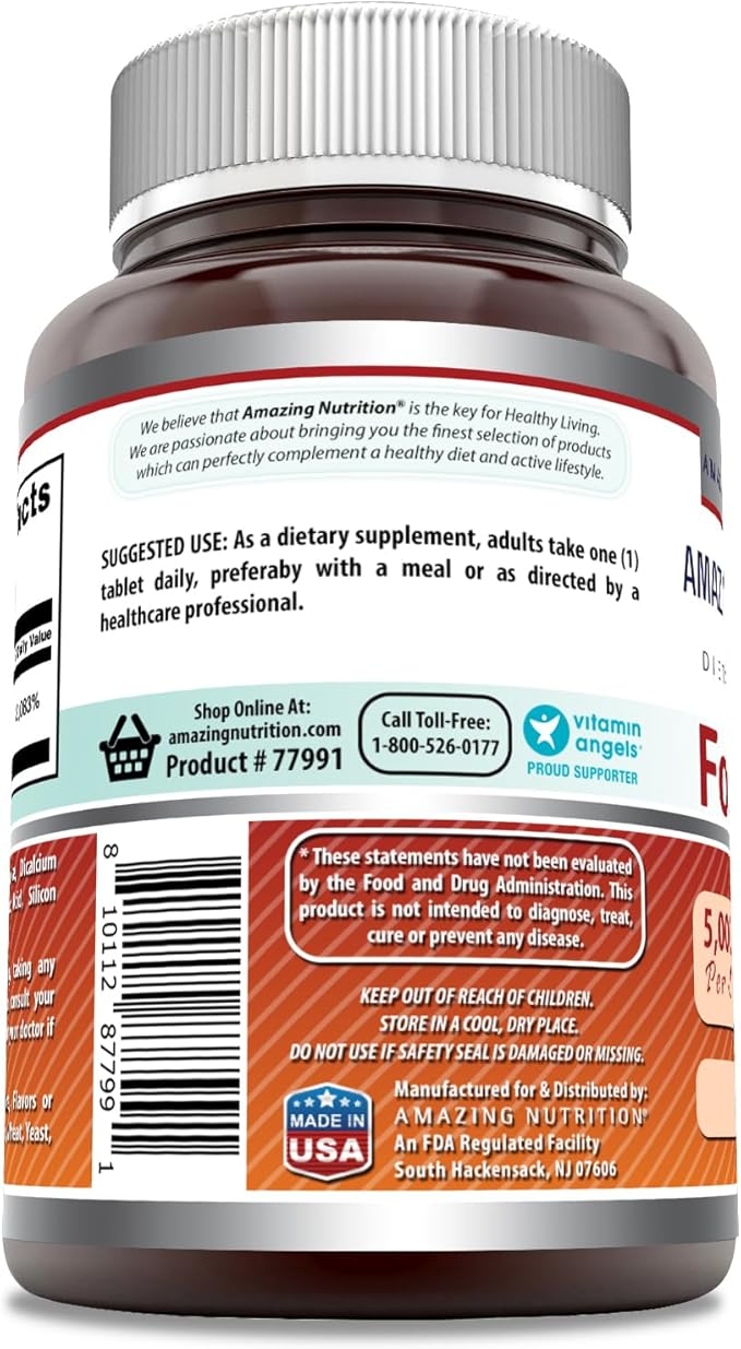 Amazing Formulas Folic Acid Supplement | 5000 Mcg | Tablets | Non-GMO | Gluten Free | Made in USA (240 Count)