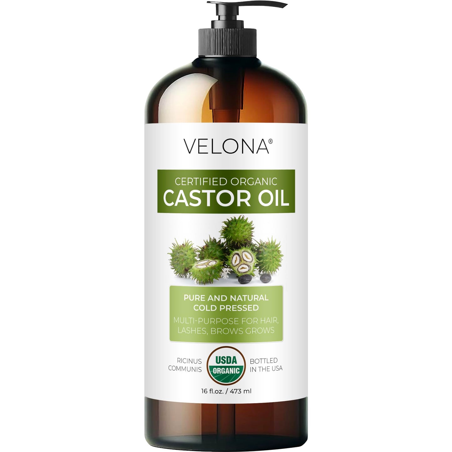 Velona Usda Certified Organic Castor Oil - 16 Oz (With Pump) | For Hair Growth, Boost Eyelashes, Eyebrows | Cold Pressed, Natura
