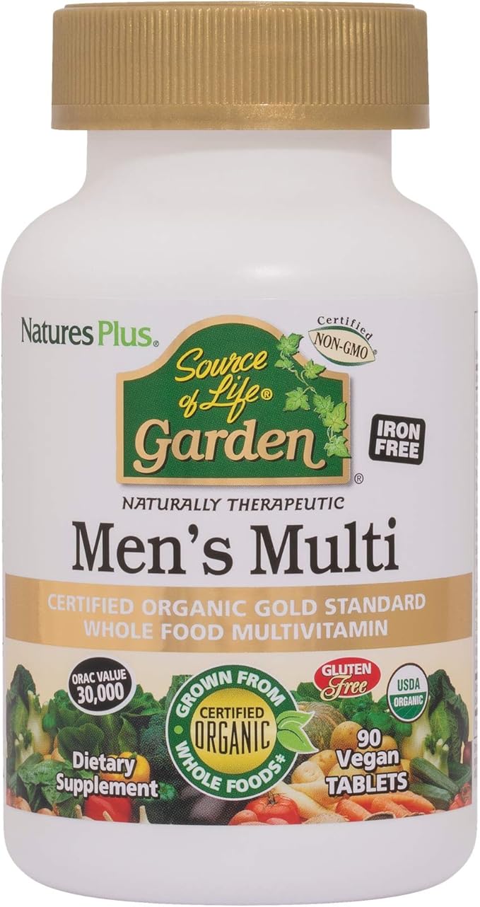 NaturesPlus Source of Life Garden Certified Organic Men's Multivitamin - 90 Vegan Tablets - Pure, Natural Whole Food Ingredients - Energy Boost - Vegetarian, Gluten-Free - 30 Servings