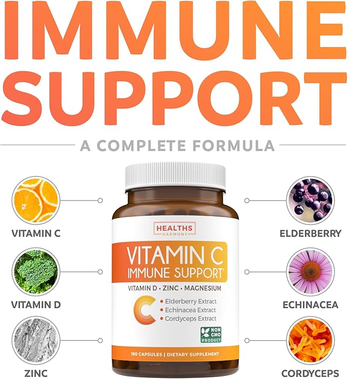 Vitamin C Immune Support Supplement - Immunity Boost Blend with Elderberry Vitamin C and Zinc for Daily & Seasonal Support - Immunity Supplement with Magnesium Zinc Vitamin D (3 Months Supply)
