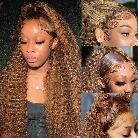 Bangjazz 26 Inch Highlight Ombre Lace Front Wig Human Hair Deep Wave 13X4 Hd Lace Frontal Wigs Human Hair 180% Density P4/27 Col