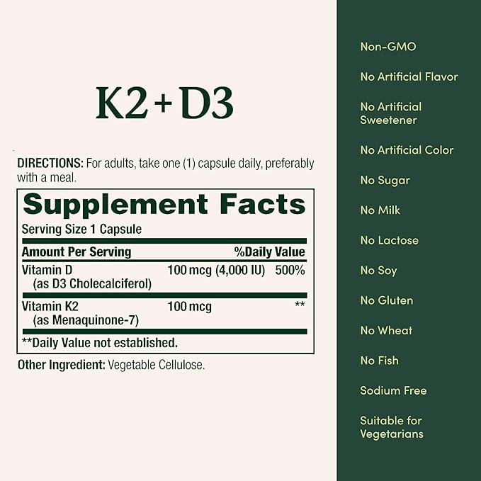 Nature's Bounty Vitamin D3 K2 Supplement, 4000 IU Vitamin D3 Plus 100 mcg of Vitamin K for Heart & Bone Health Support, 60 Day Supply, 60 Vegetarian Capsules, K2 + D3 Supplements for Adults