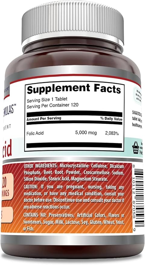 Amazing Formulas Folic Acid Supplement | 5000 Mcg | 120 Tablets | Non-GMO | Gluten Free | Made in USA (3 Pack)