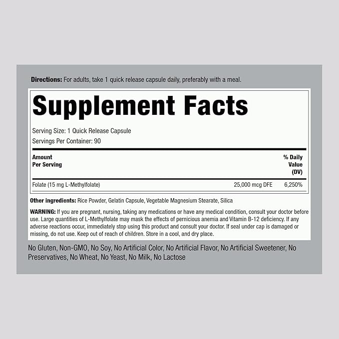 Piping Rock L Methylfolate 15 mg | 90 Capsules | Max Potency | Active Folic Acid Supplement | Non-GMO, Gluten Free