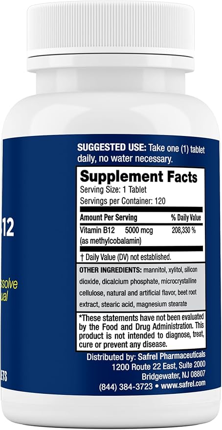 Safrel Vitamin B12 5000 mcg Methylcobalamin, 120 Fast Dissolve Tablets, Easy to Take Sublingual B12 Cherry Flavor, 120 Day Supply