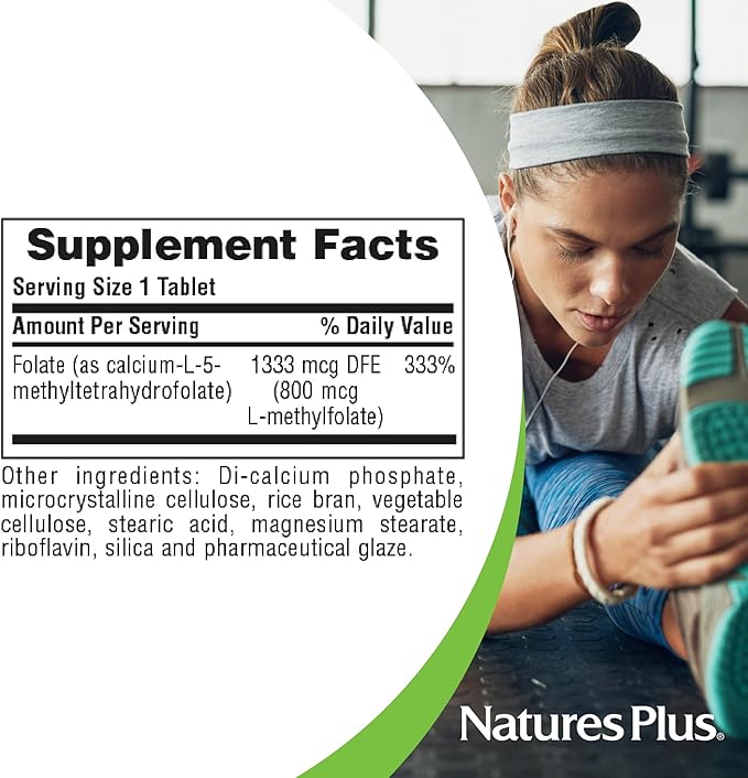 Natures Plus Folic Acid (Methylfolate) - 800 mcg, 90 Vegan Tablets - Supports Healthy Tissue Growth - Vegetarian, Gluten-Free - 90 Servings