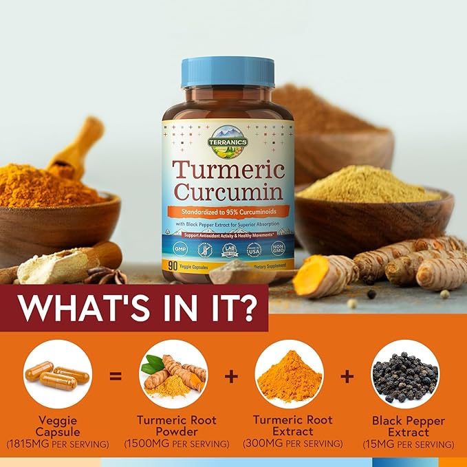 Turmeric Curcumin Supplement 1800mg, with Black Pepper 15mg for Maximum Absorption, 95% Curcuminoids, Mobility & Antioxidant Support, Made in USA, Non-GMO, No Gluten, 90 Vegan Capsules