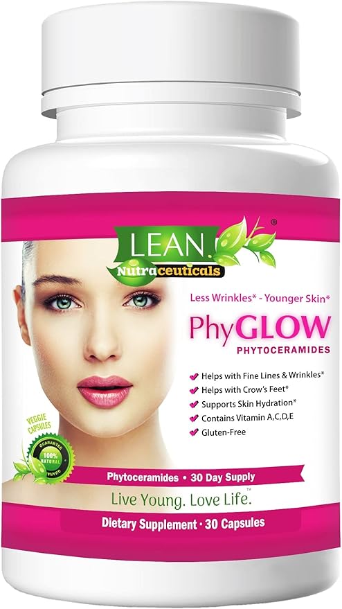 Phytoceramides 350mg Ceramide Skin Care Hydration Moisture Restoring Beauty Supplement with Multivitamins A, C, D, E, PhyGLOW Super Vegan Anti-Aging Wrinkle Support Pills for Women and Men 30 Capsules