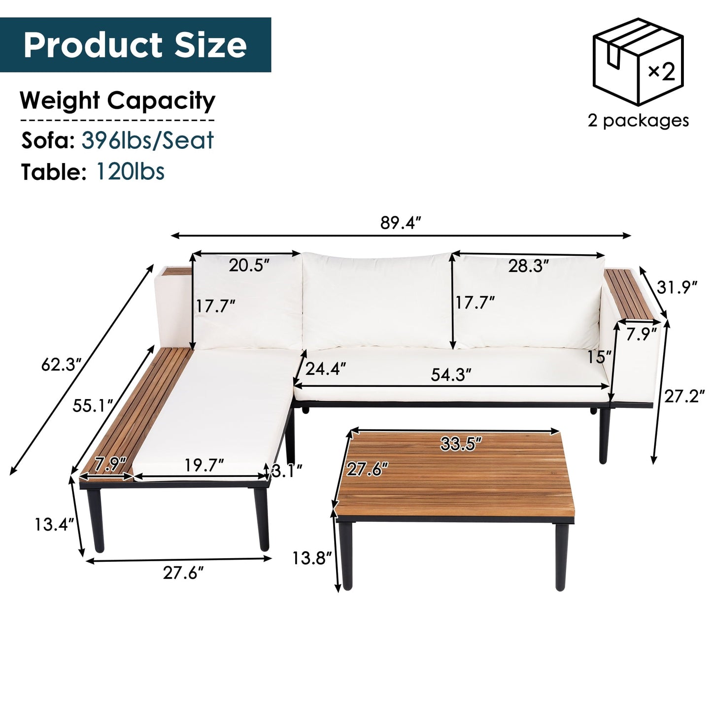 Luxury Patio Furniture Set with Removable Cushions and Coffee Table, L-Shaped Acacia Wood Sofa with Side table, Outdoor Conversation Sectional Sofa for Backyard, Porch, Beige
