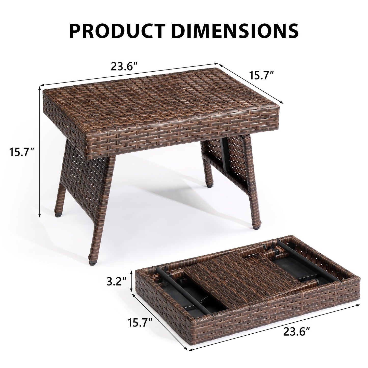 PORJGV Portable Indoor/Outdoor Folding Rattan Side Wicker Coffee Table with PE Wicker & High-Duty Steel Frame, Brown