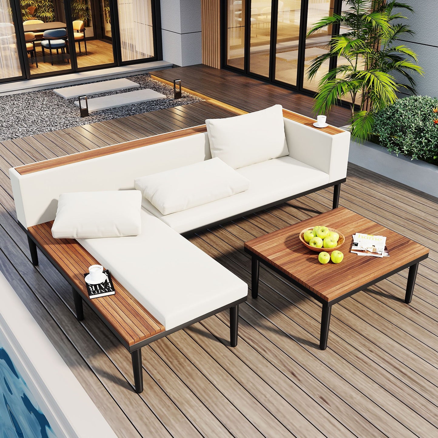Luxury Patio Furniture Set with Removable Cushions and Coffee Table, L-Shaped Acacia Wood Sofa with Side table, Outdoor Conversation Sectional Sofa for Backyard, Porch, Beige