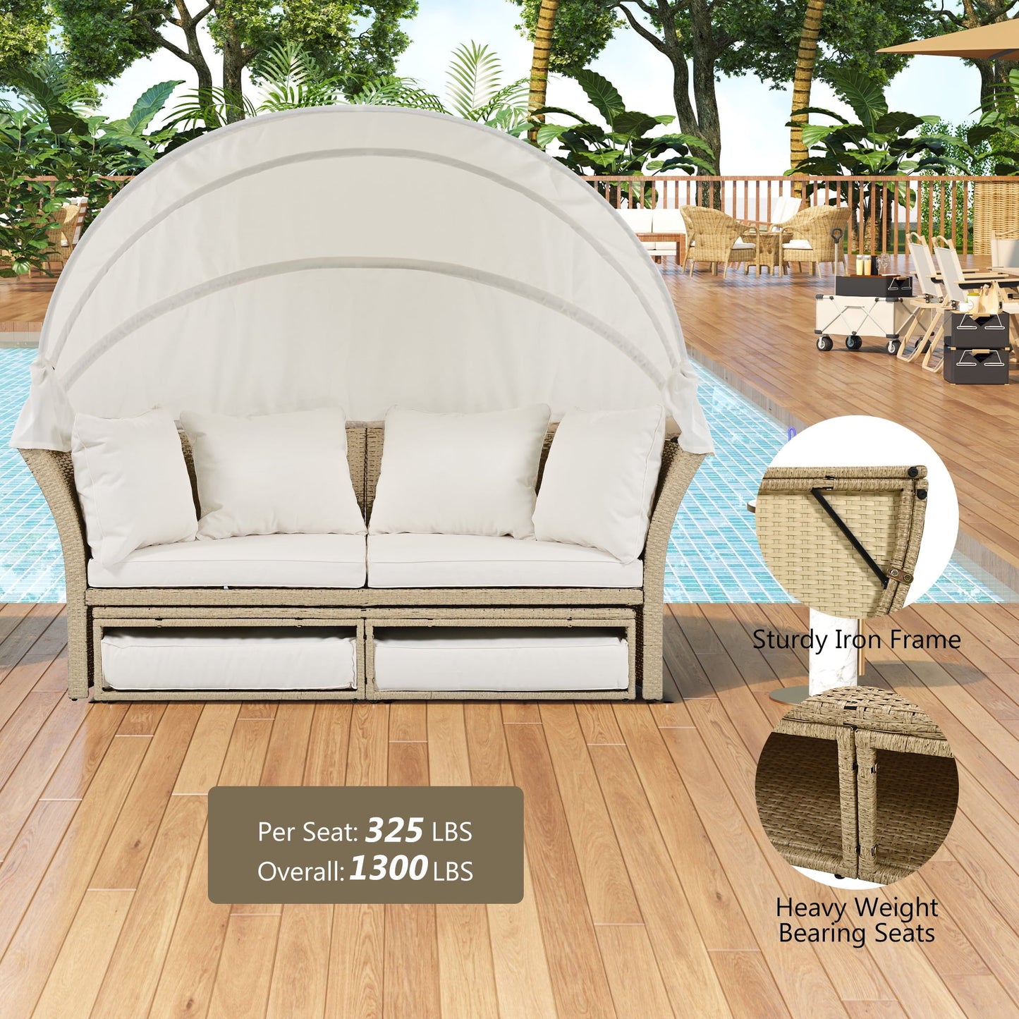 Outdoor Rattan Double Daybed with Retractable Shade, 4 Pillows Included for Lawn, Garden, or Poolside, Beige
