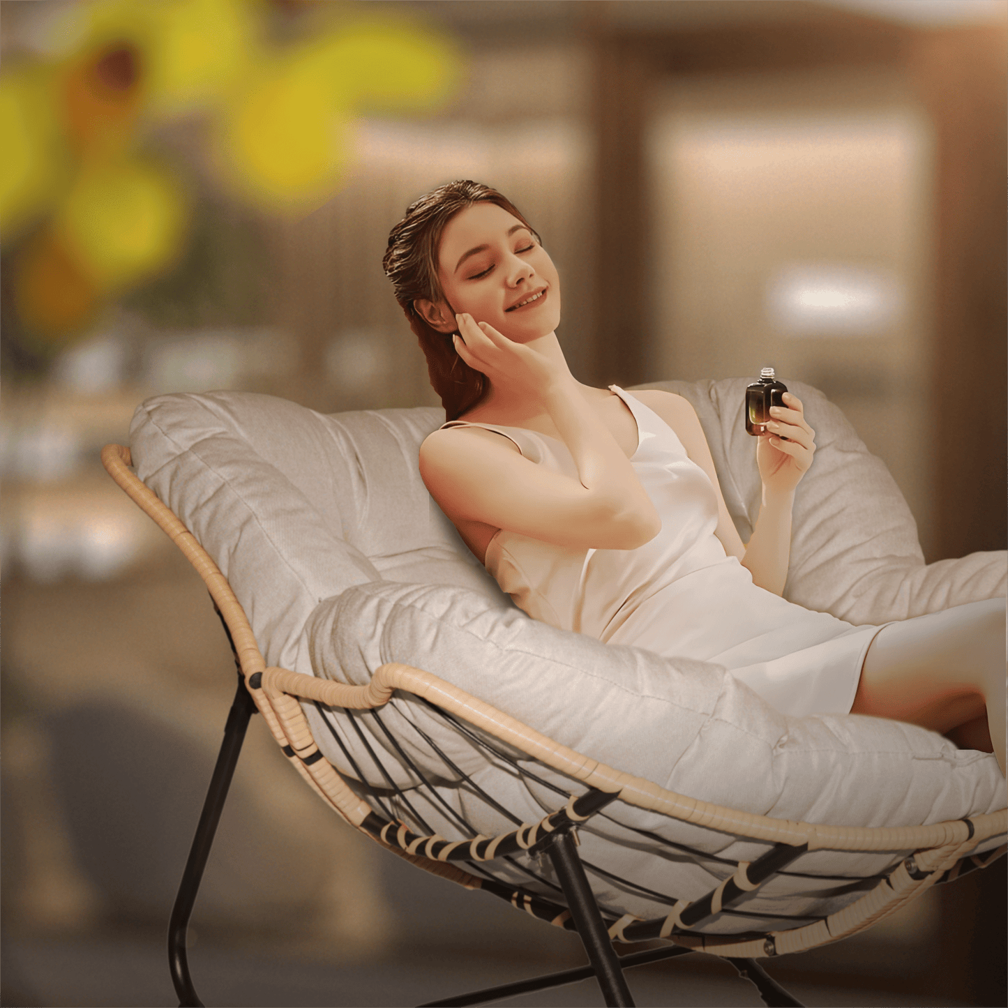 Rocking Chairs Outdoor Rocking Chair, Patio Egg Rocking Chair, Indoor Papasan Chair, Rattan Wicker Lounge Chair, Modern Royal Chair for Bedroom, Living Room, Porch, Garden,Lawn-Beige,Wooden Rocking C