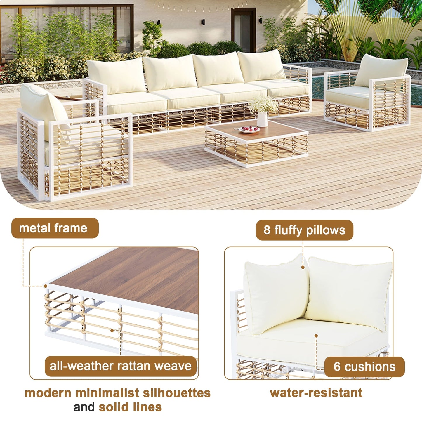 Olurrisa 7-Piece Metal Patio Sectional Sofa Set, All-Weather Garden Conversational Furniture Set with Thick Cushions and Coffee Table Modern Minimalist for Indoor Outdoor, White