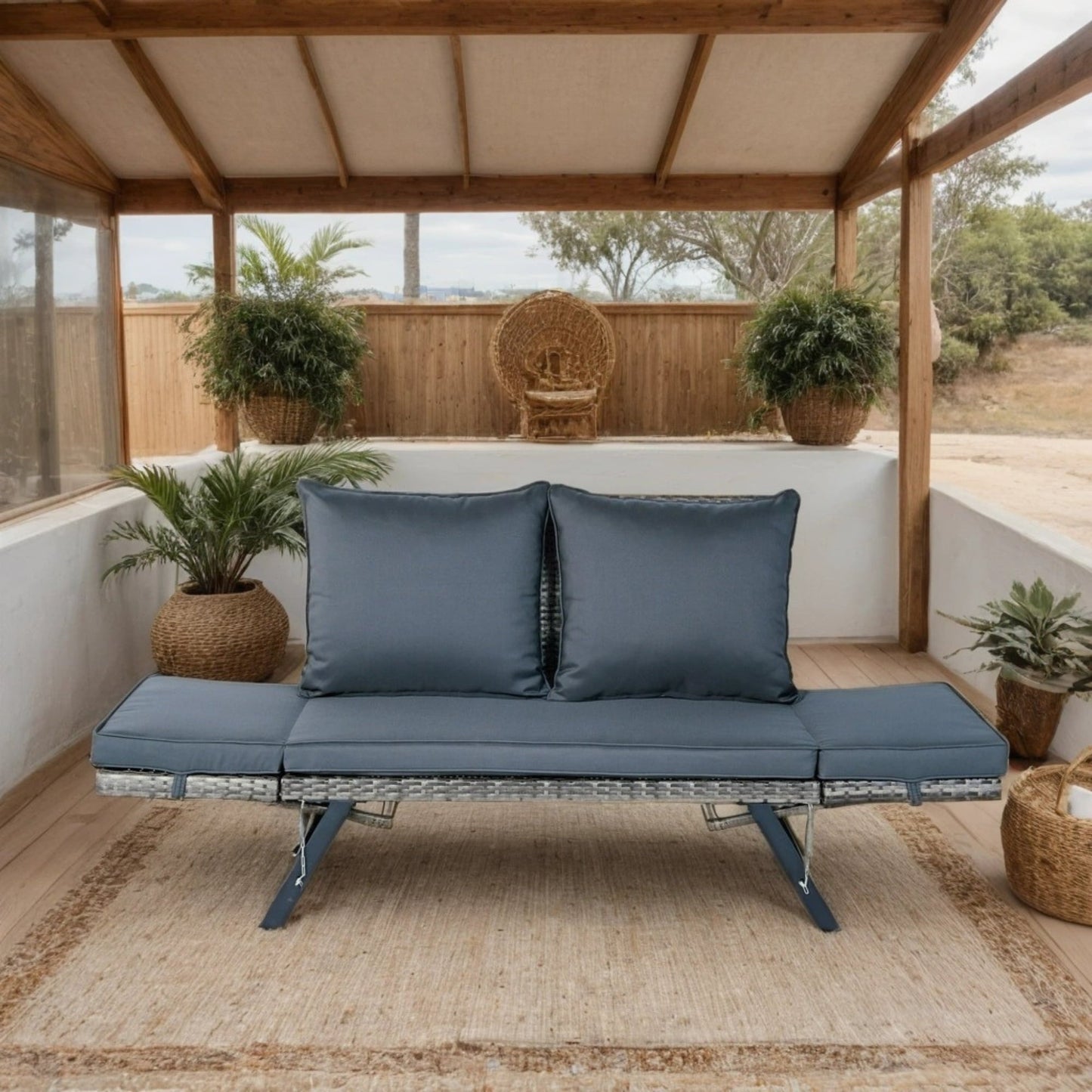 Patio Seating 1 PCS Patio Wicker Side Foldable Bench Patio Backyard Conversation Bench Grey Wicker + Dark Grey Cushion,Outdoor Seating