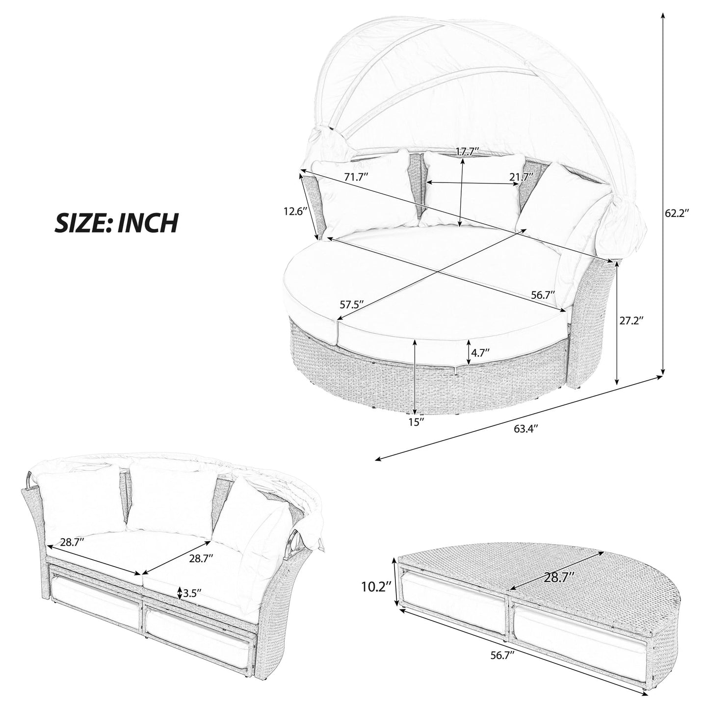 Outdoor Rattan Double Daybed with Retractable Shade, 4 Pillows Included for Lawn, Garden, or Poolside, Beige