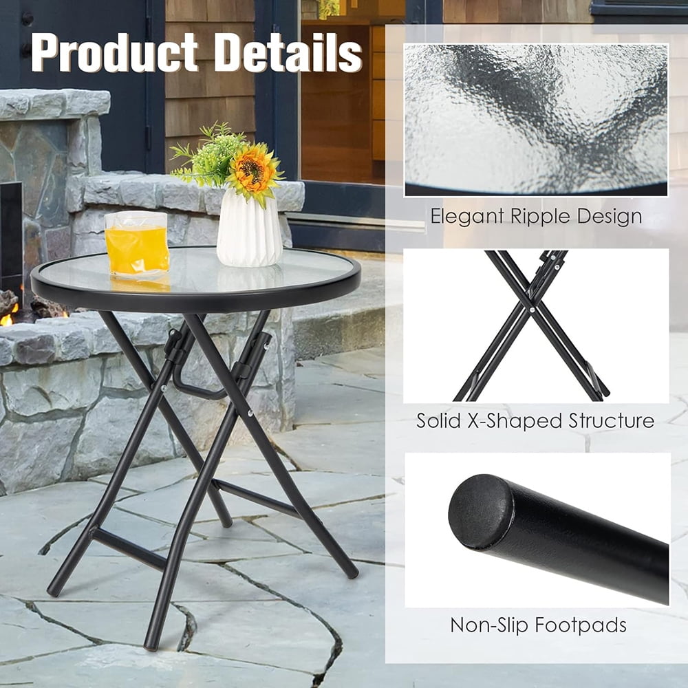 Outdoor Side Table, Folding Small Patio Table, Round Outdoor End Table with Tempered Glass Tabletop, Steel Frame, Footpads for Lawn, Balcony, Garden, Poolside,