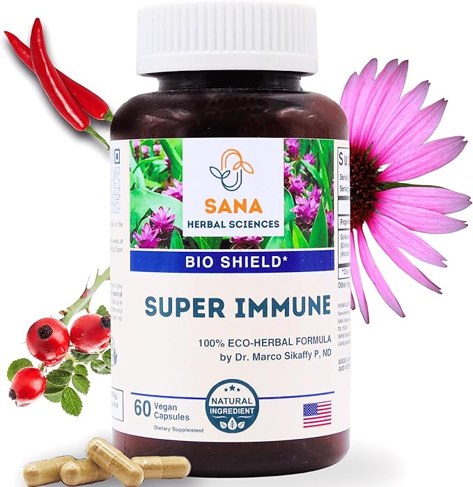 Super Immune – Antioxidant Polyherbal Blend with Vitamin C, Organic Echinacea, Goldenseal & Cayenne | Immune Support Supplement for Women & Men | 60 Capsules | by Sana Herbal & Dr. Marco Sikaffy