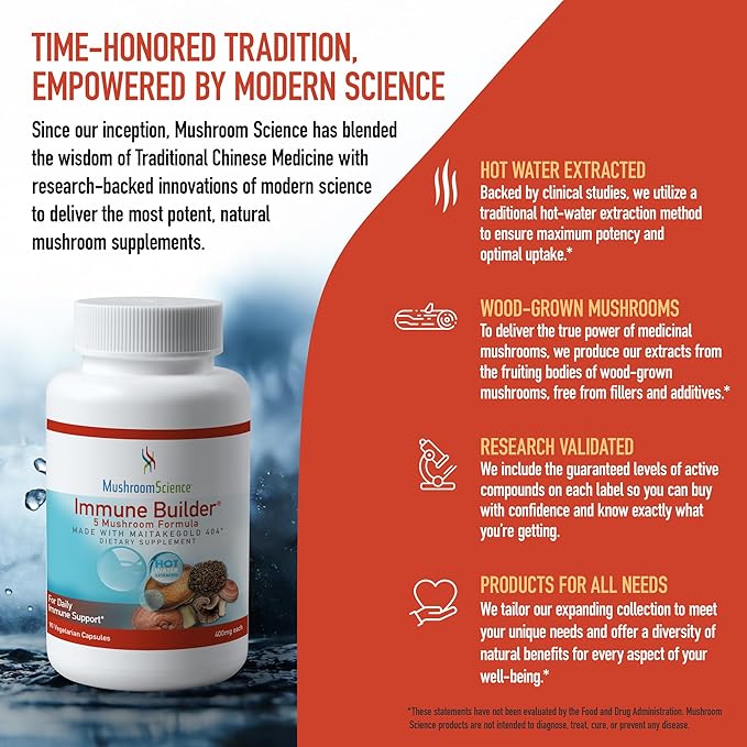 MushroomScience Immune Builder Mushroom Capsules, Full Spectrum Extract with MaitakeGold, Reishi & Shiitake, Mushroom Supplement for Adults, Hot Water Extracted Mushrooms, Vegetarian, 400MG, 90 CT