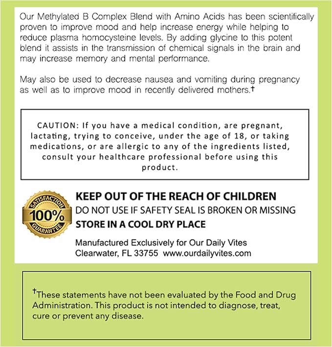Our Daily Vites L-Methylfolate B Complex Cofactors & Essential Amino Acids (2.5mg) - Active Folate, Methylated B12 Methylcobalamin, B6 and Glycine - 60 Count