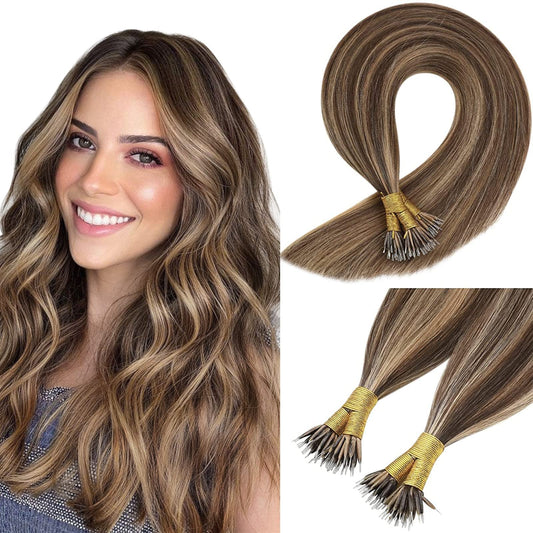 Sunny Hair Brown Nano Bead Hair Extensions Human Hair 18Inch Nano Hair Extensions Medium Brown Mixed Caramel Blonde Highlights C
